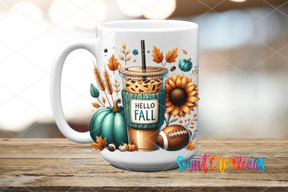 Hello Fall Iced Coffee UV DTF transfer on a white ceramic coffee mug