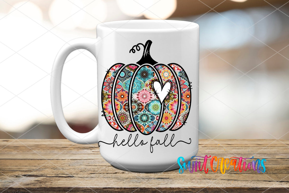 Hello Fall patchwork floral pumpkin UV DTF transfer on a white ceramic coffee mug