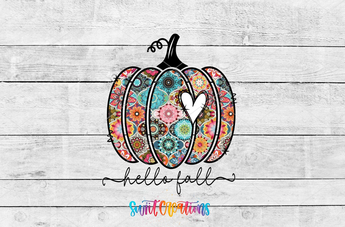 Hello Fall patchwork floral pumpkin UV DTF transfer artwork on a white wood background