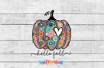 Hello Fall patchwork floral pumpkin UV DTF transfer artwork on a white wood background