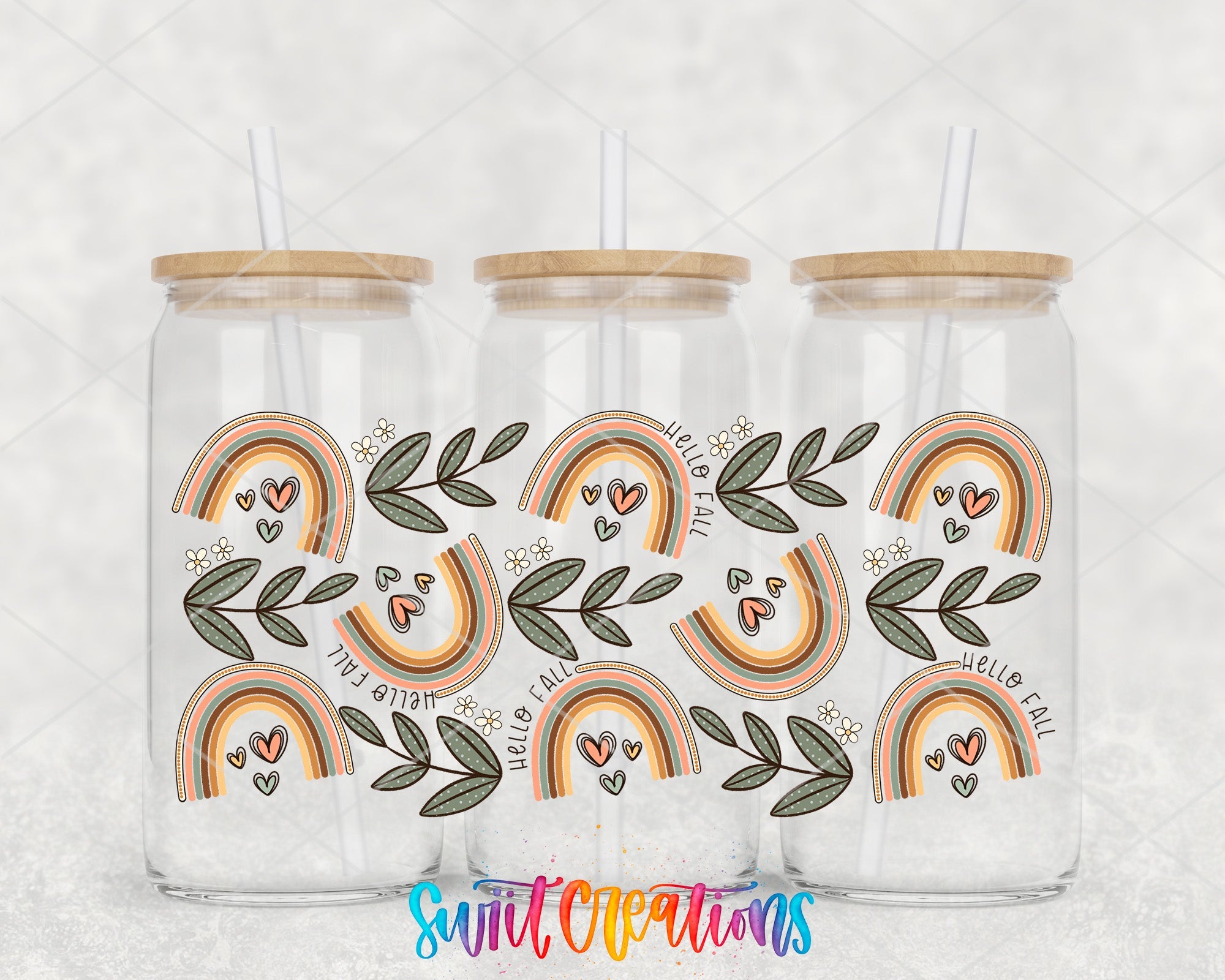 Hello Fall UV DTF Transfer Tumbler Wrap | Boho Rainbow Leaf Autumn Cup Decal | DTF271 - Swiit Creations
