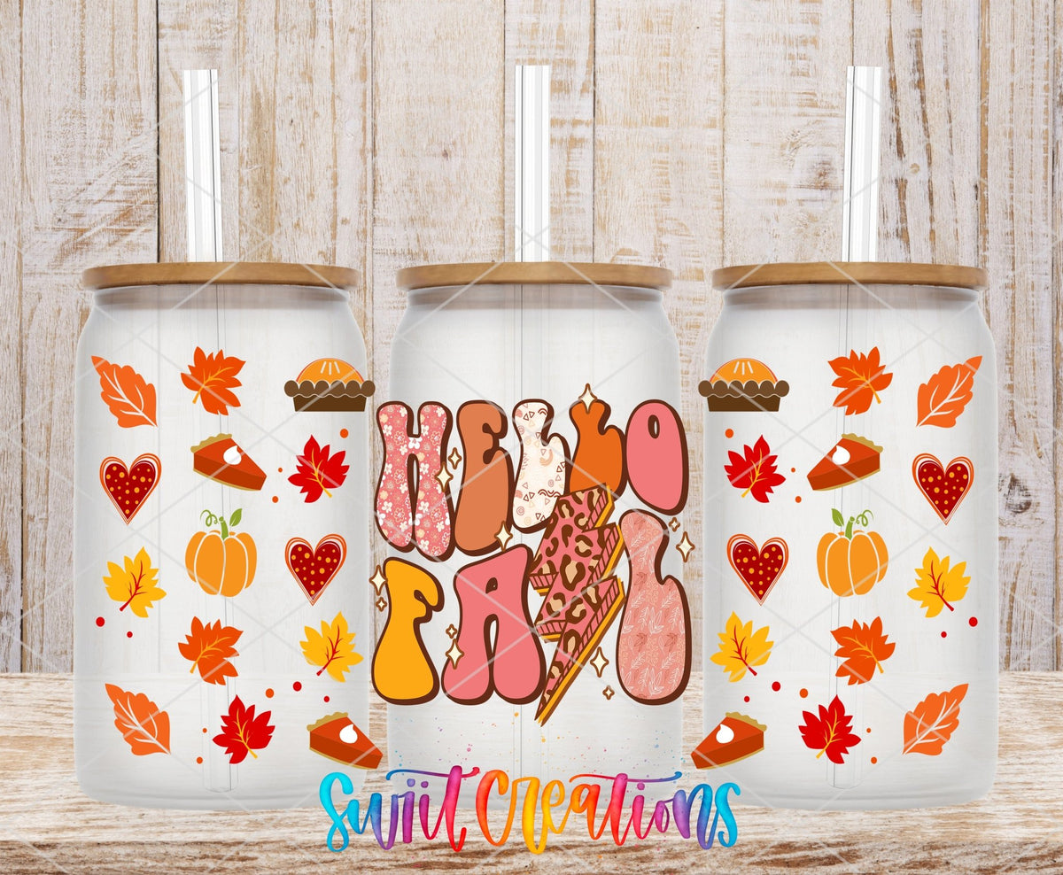Hello Fall UV DTF Transfer Tumbler Wrap | Retro Autumn Leopard Pumpkin Cup Decal | DTF159 - Swiit Creations