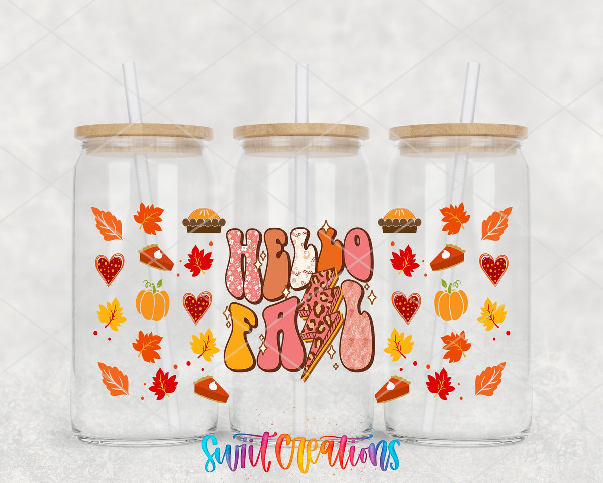 Hello Fall UV DTF Transfer Tumbler Wrap | Retro Autumn Leopard Pumpkin Cup Decal | DTF159 - Swiit Creations