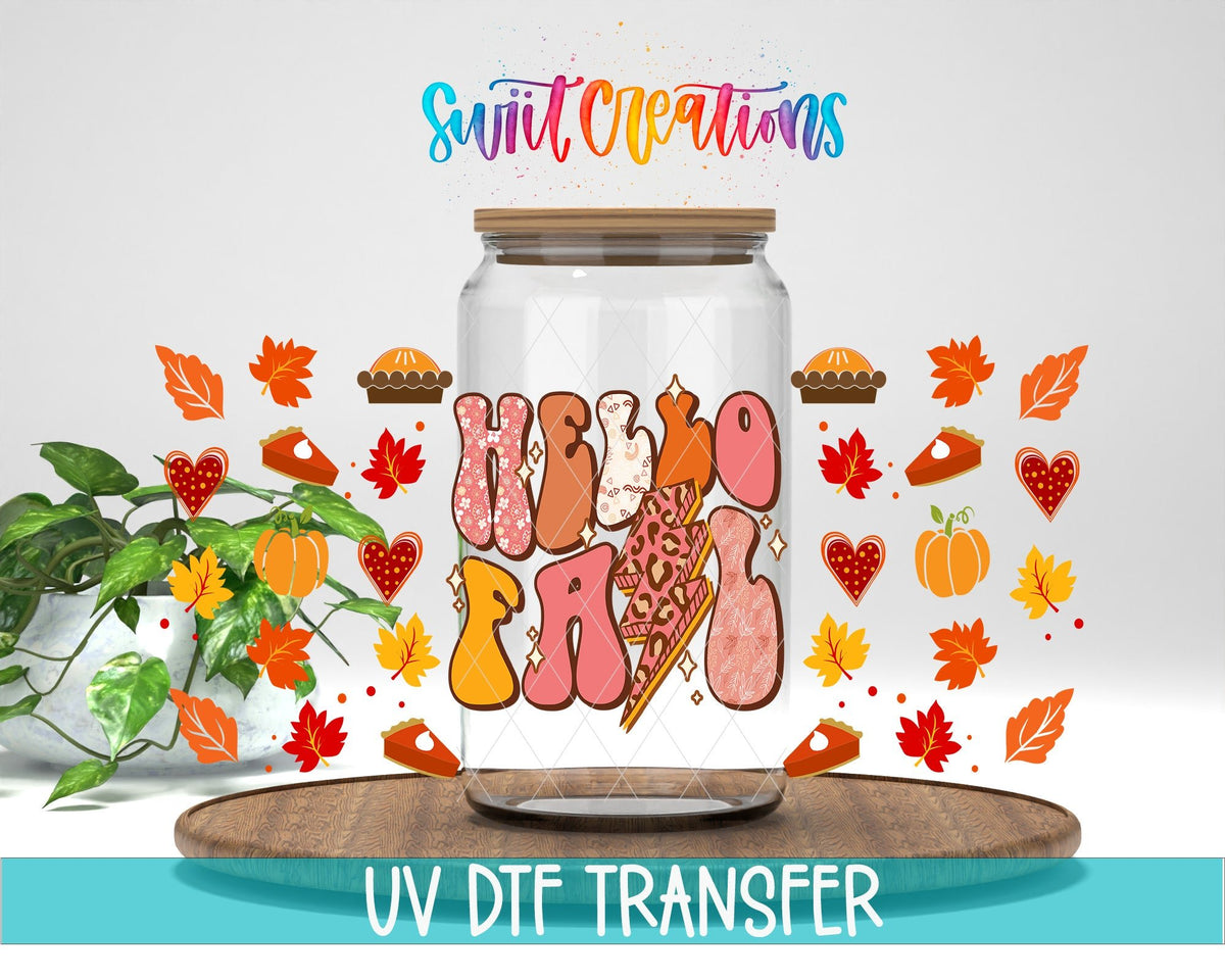 Hello Fall UV DTF Transfer Tumbler Wrap | Retro Autumn Leopard Pumpkin Cup Decal | DTF159 - Swiit Creations