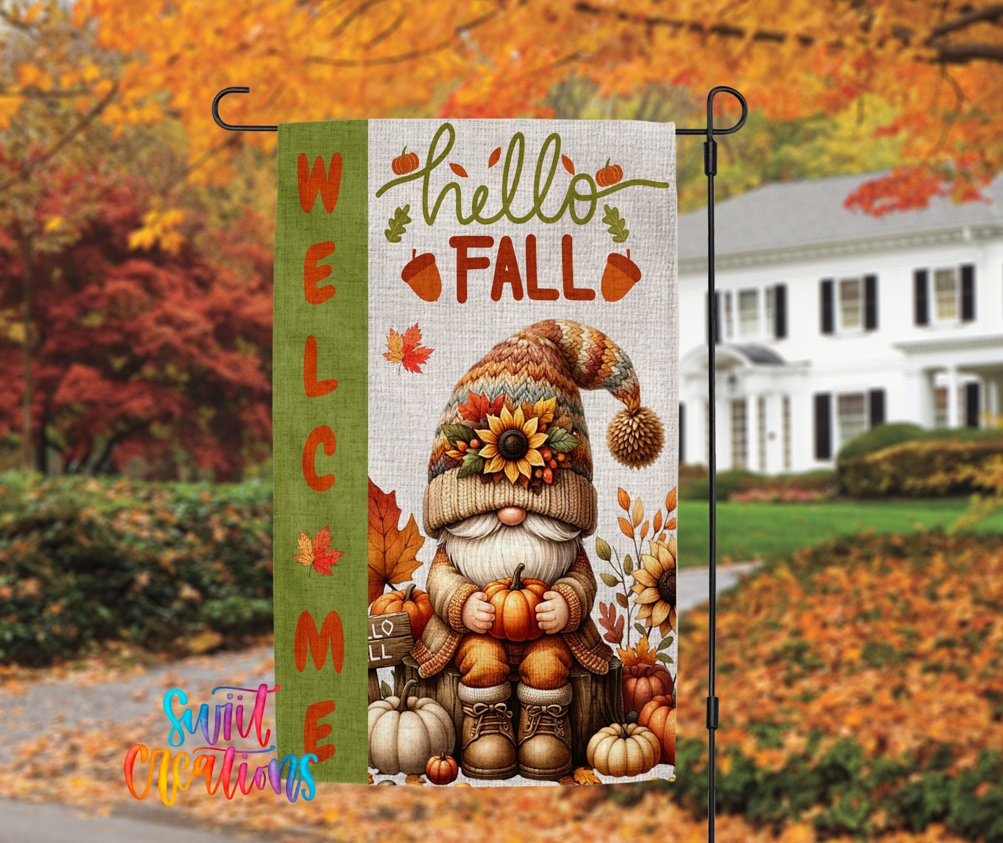 Hello Fall Yard Flag | Adorable Gnome Autumn Garden Flag with Pumpkins and Sunflowers | Outdoor Porch Decor | YF85 - Swiit Creations