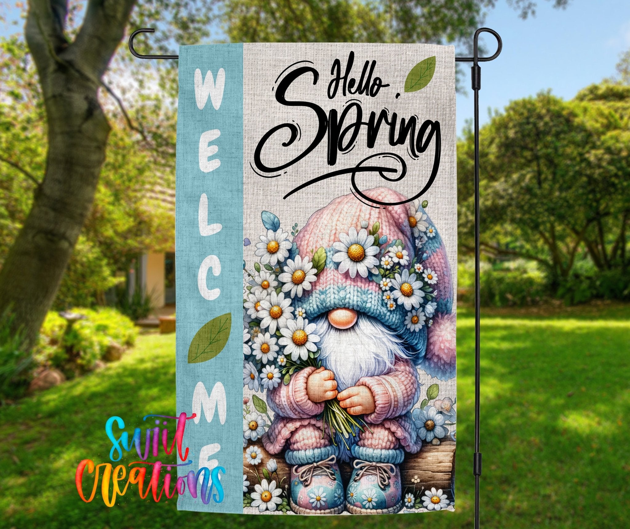 Hello Spring Gnome Yard Flag with Daisies | Pastel Easter Garden Decoration | Cute Springtime Outdoor Yard Banner | YF78 - Swiit Creations