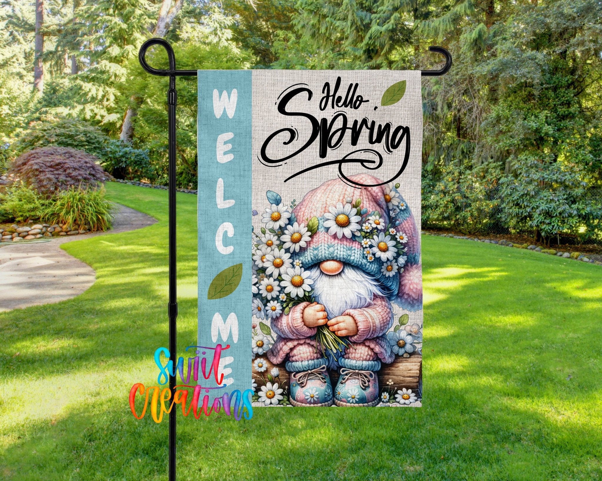 Hello Spring Gnome Yard Flag with Daisies | Pastel Easter Garden Decoration | Cute Springtime Outdoor Yard Banner | YF78 - Swiit Creations
