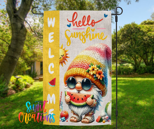 Hello Sunshine Summer Gnome Yard Flag with Watermelon | Colorful Garden Patio Decoration | Cute Outdoor Welcome Banner | YF79 - Swiit Creations
