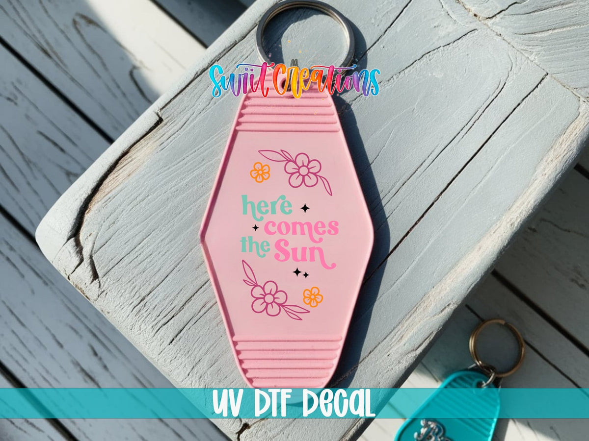 Here Comes The Sun Floral Motel Keychain UV DTF Transfer | Retro Sunshine Decal | MK2059 - Swiit Creations