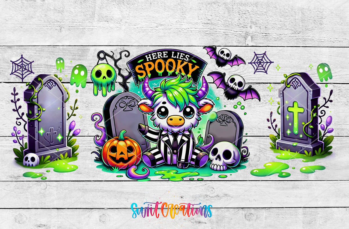 Here Lies Spooky highland cow graveyard UV DTF full wrap artwork on a white wood background