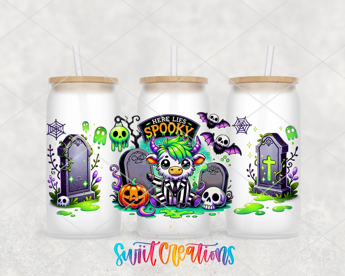 Here Lies Spooky highland cow graveyard UV DTF full wrap on three frosted glass cans