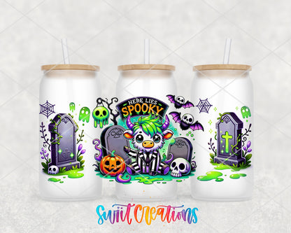 Here Lies Spooky highland cow graveyard UV DTF full wrap on three frosted glass cans