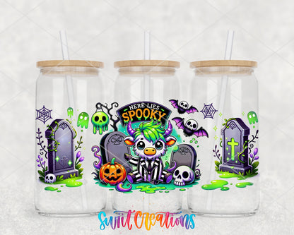 Here Lies Spooky highland cow graveyard UV DTF full wrap on three clear glass cans