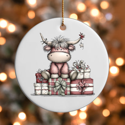 Highland Cow with Gifts ornament UV DTF transfer on a round white ornament with a bokeh light background