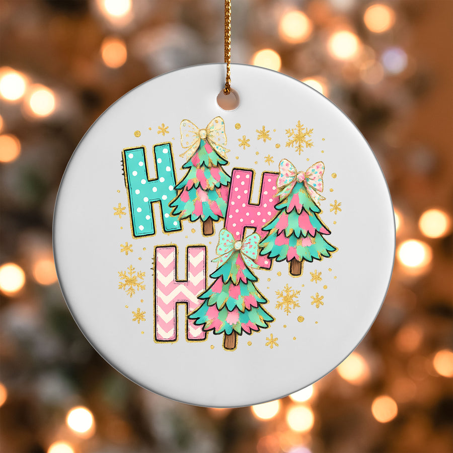 Ho Ho Ho Pastel Trees Ornament UV DTF Transfer | Glitter Trees and Bows | O-1730