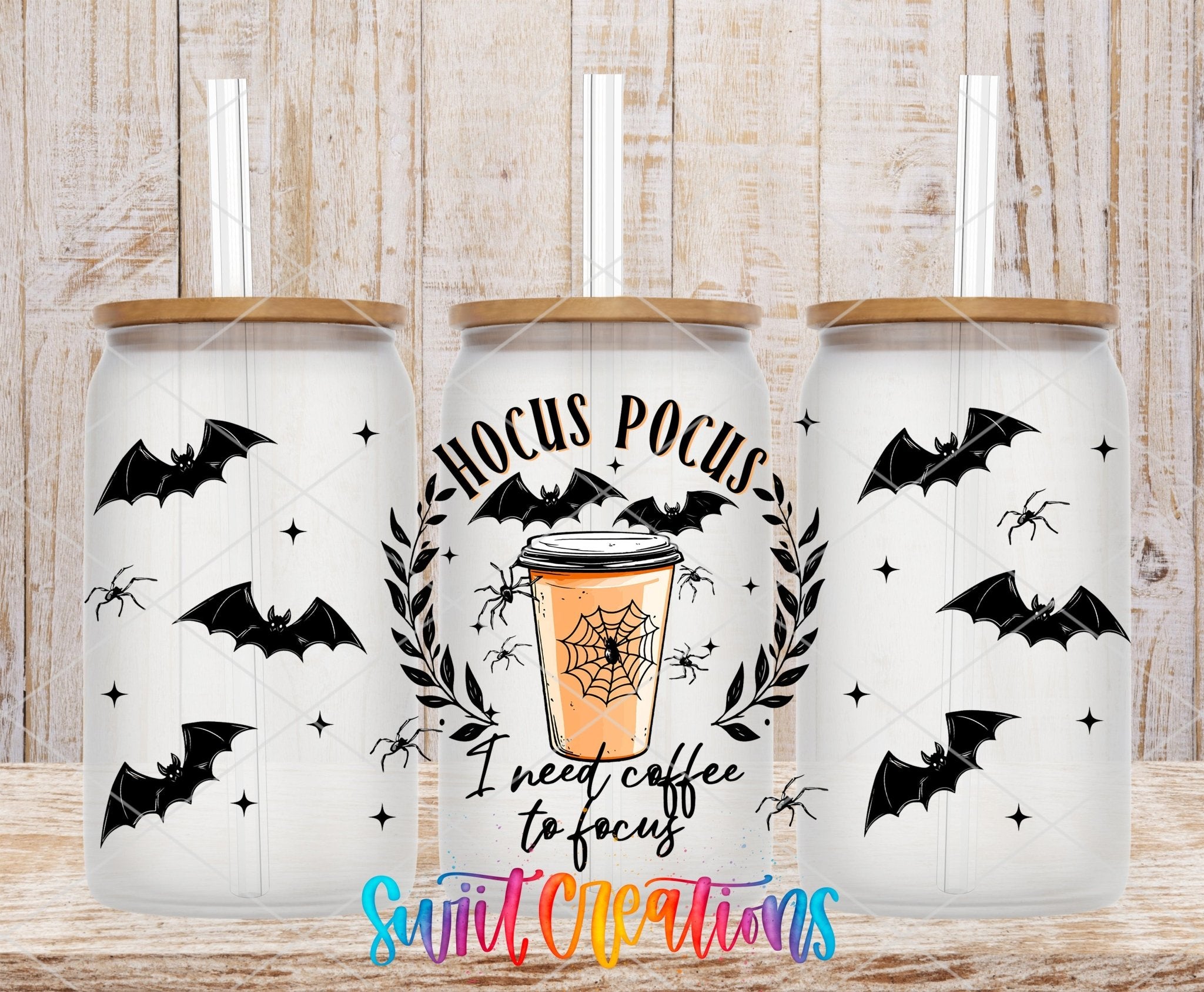 Hocus Pocus I Need Coffee To Focus UV DTF Transfer Tumbler Wrap | Spooky Bat Spider Cup Decal | DTF290 - Swiit Creations