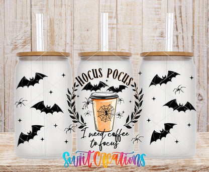 Hocus Pocus I Need Coffee to Focus UV DTF full wrap on three clear glass cans with bamboo lids
