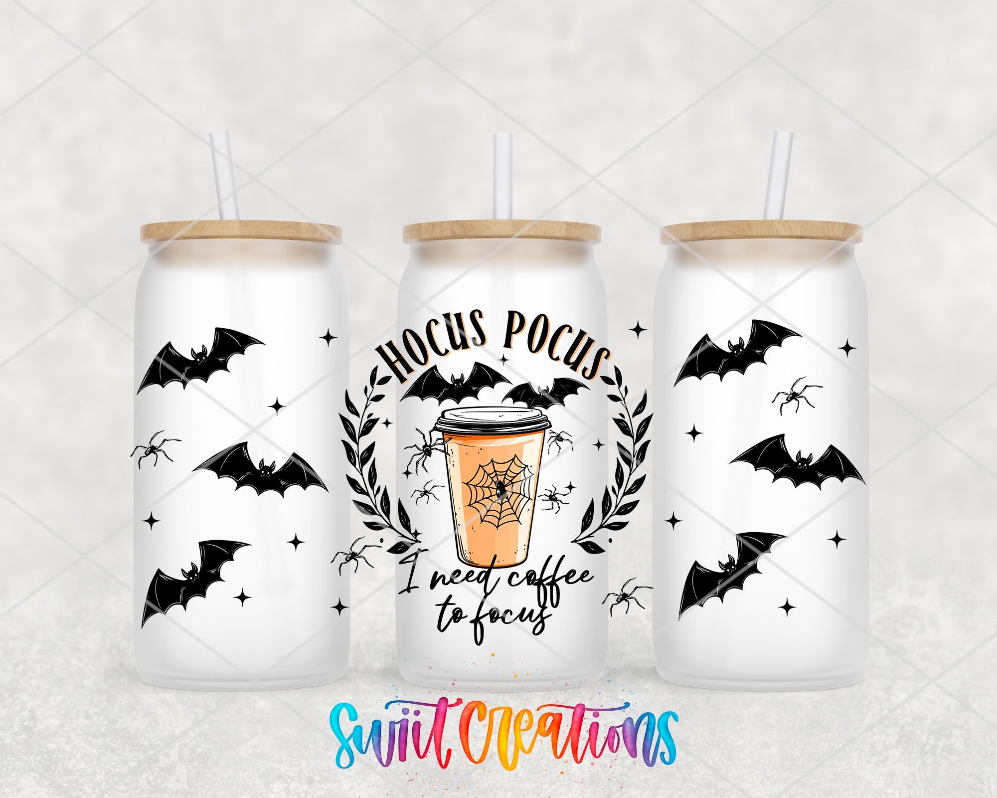Hocus Pocus I Need Coffee To Focus UV DTF Transfer Tumbler Wrap | Spooky Bat Spider Cup Decal | DTF290 - Swiit Creations