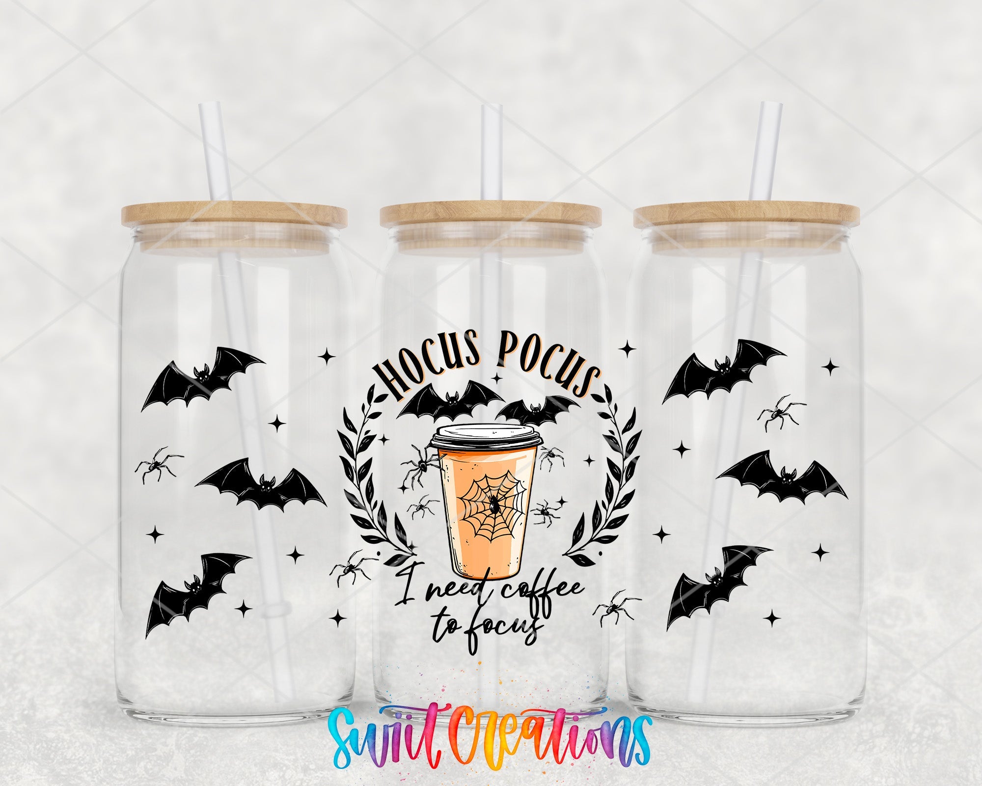 Hocus Pocus I Need Coffee To Focus UV DTF Transfer Tumbler Wrap | Spooky Bat Spider Cup Decal | DTF290 - Swiit Creations
