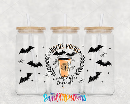 Hocus Pocus I Need Coffee to Focus UV DTF full wrap on three glass cans