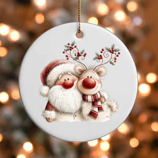 Holly Antler Reindeer ornament UV DTF transfer on a round white ornament with a bokeh light background