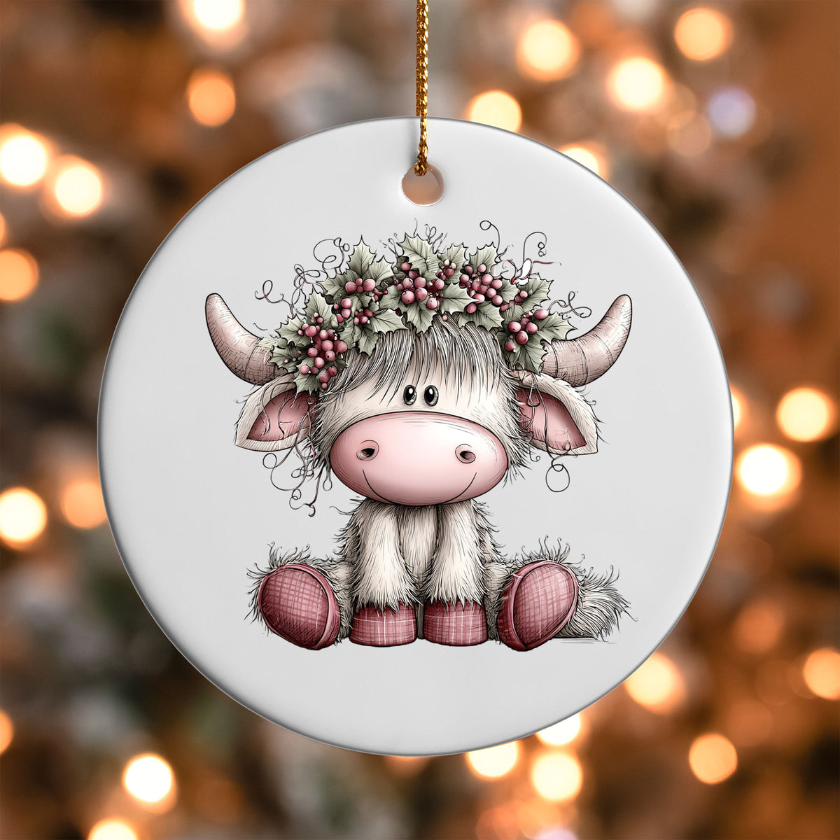 Holly Berry Highland Cow ornament UV DTF transfer on a round white ornament with a bokeh light background
