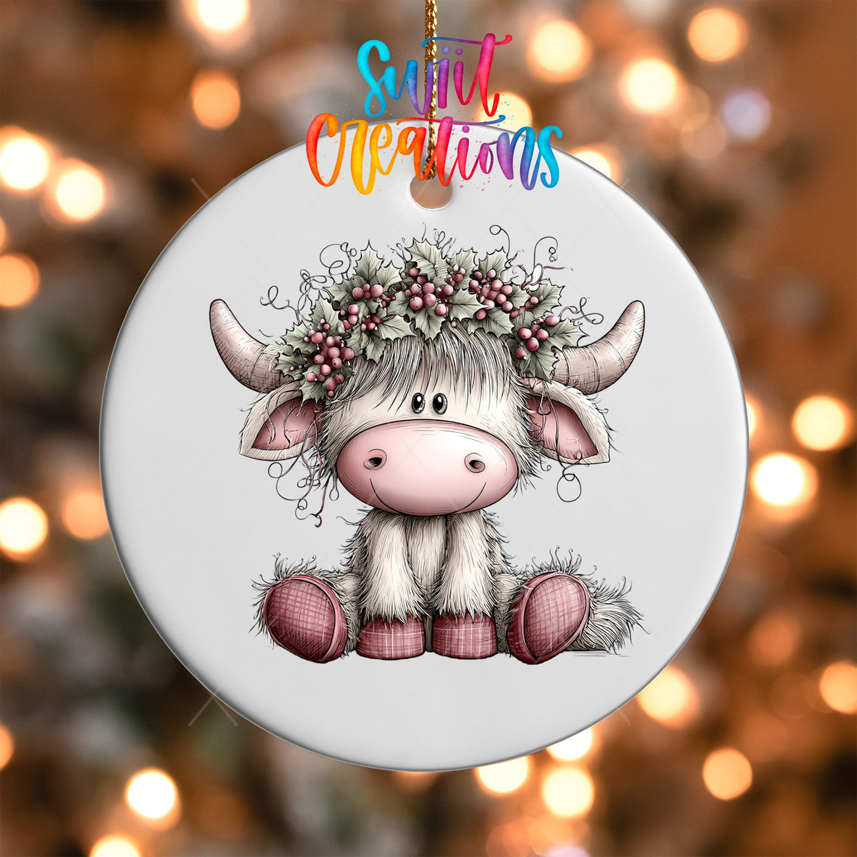 Close-up of the Holly Berry Highland Cow UV DTF transfer on a round white ornament