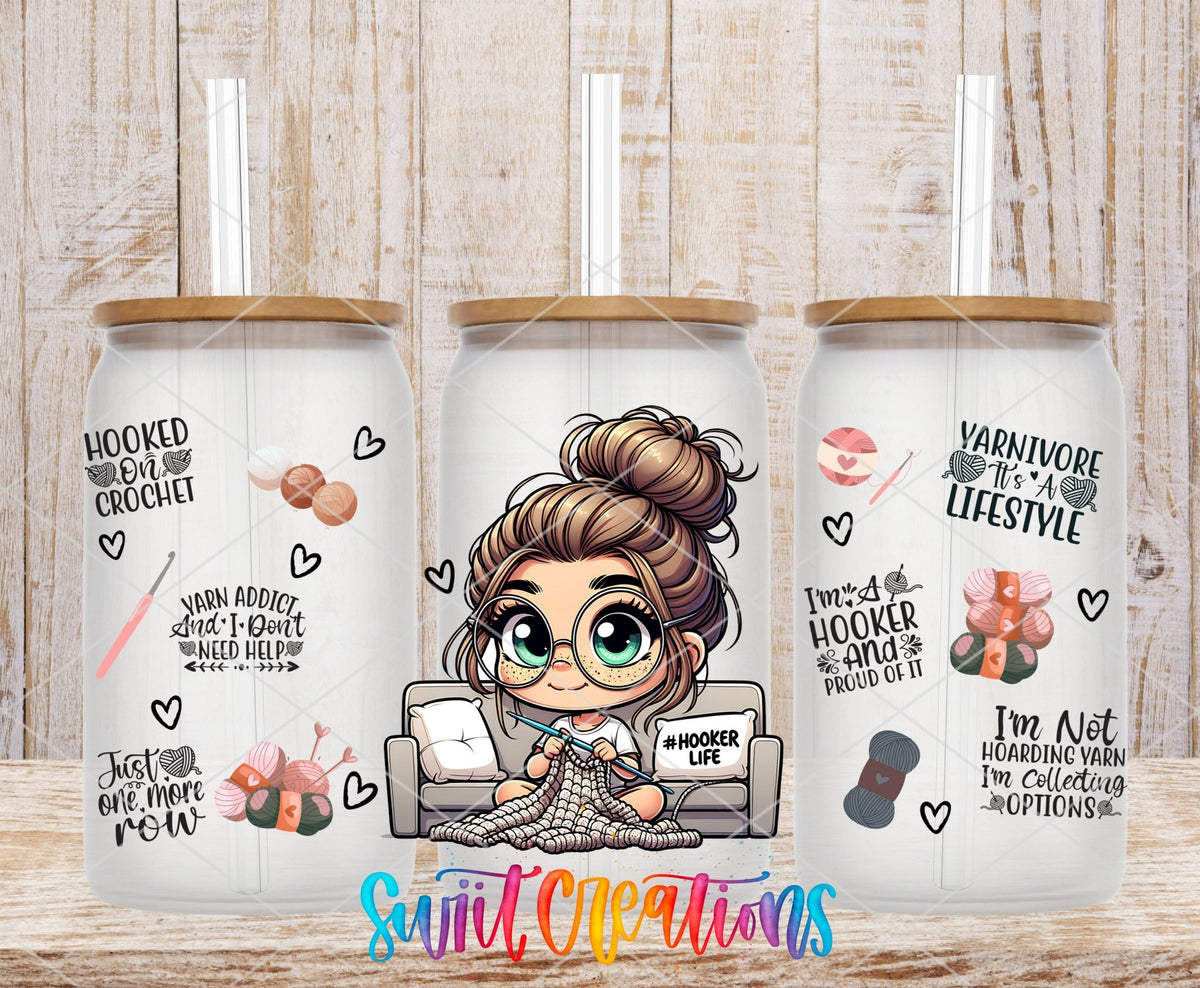 Hooker Life UV DTF wrap on three clear glass cans with bamboo lids