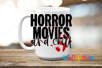 Horror Movies and Chill UV DTF transfer on a white ceramic coffee mug