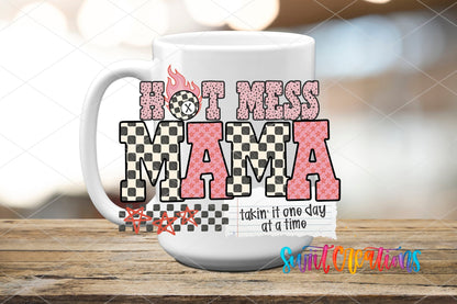 Hot Mess Mama UV DTF transfer on a white ceramic coffee mug