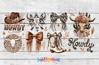 Howdy cowgirl boots, bows, and leopard skull UV DTF full wrap artwork on a white wood background