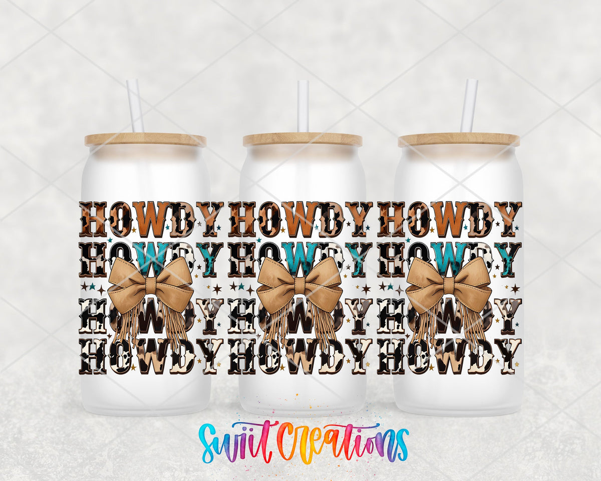 Howdy Western UV DTF full wrap on three frosted glass cans