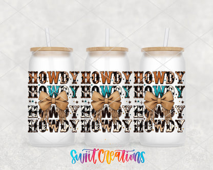 Howdy Western UV DTF full wrap on three frosted glass cans