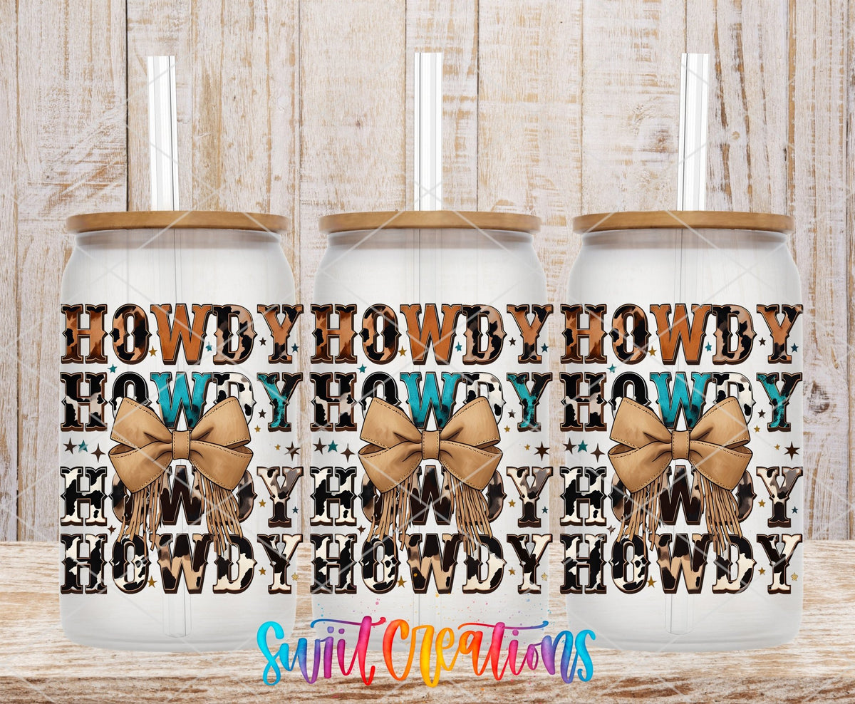 Howdy Western UV DTF full wrap on three clear glass cans with bamboo lids