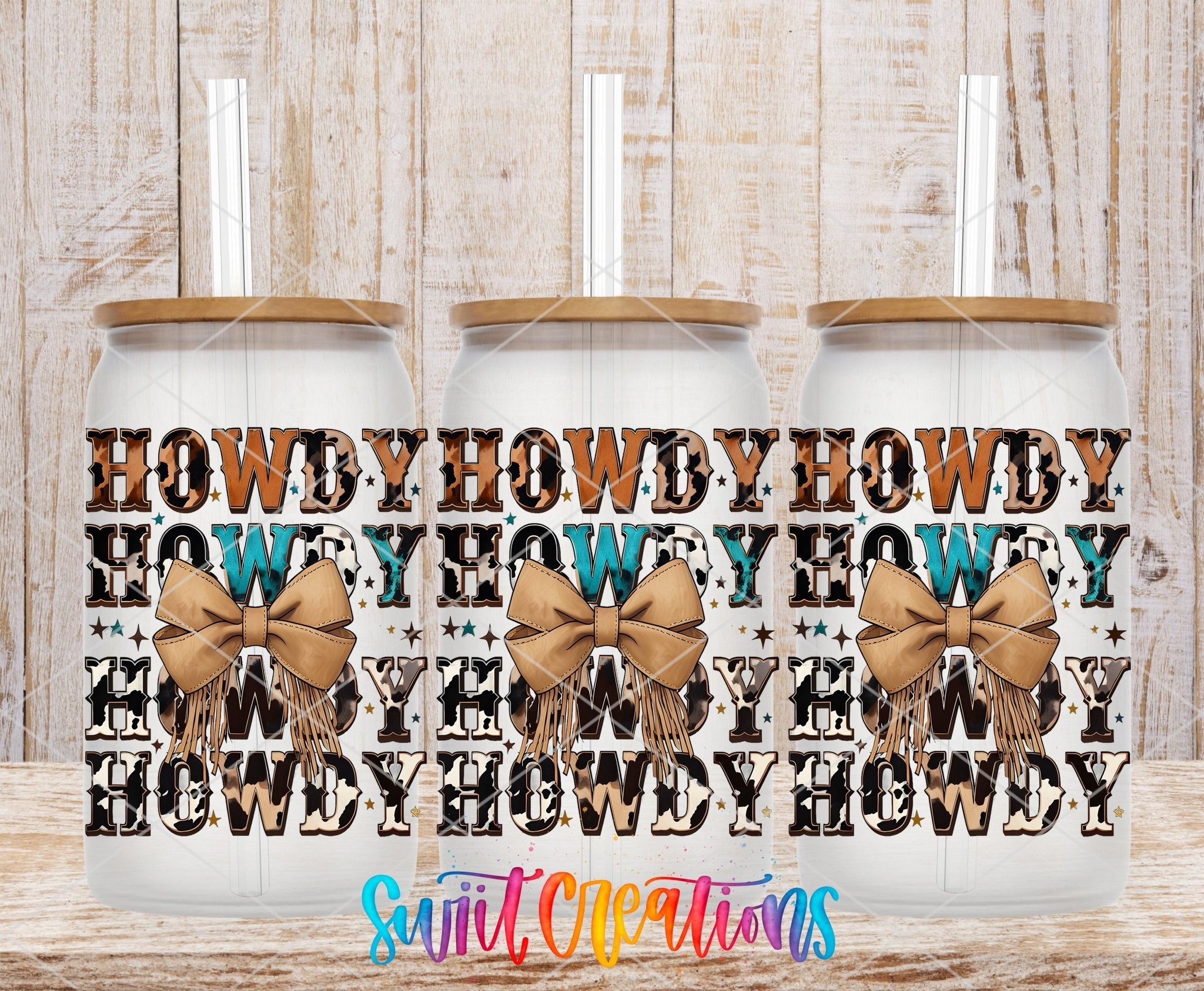 Howdy Western UV DTF Transfer Tumbler Wrap | Cowhide Bow Country Pattern Tumbler Design | DTF281 - Swiit Creations