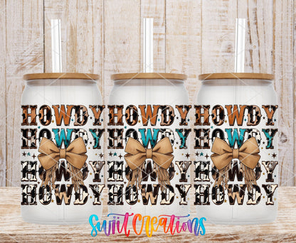 Howdy Western UV DTF full wrap on three clear glass cans with bamboo lids