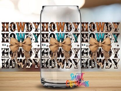 Close-up of the Howdy Western UV DTF full wrap on a clear glass can