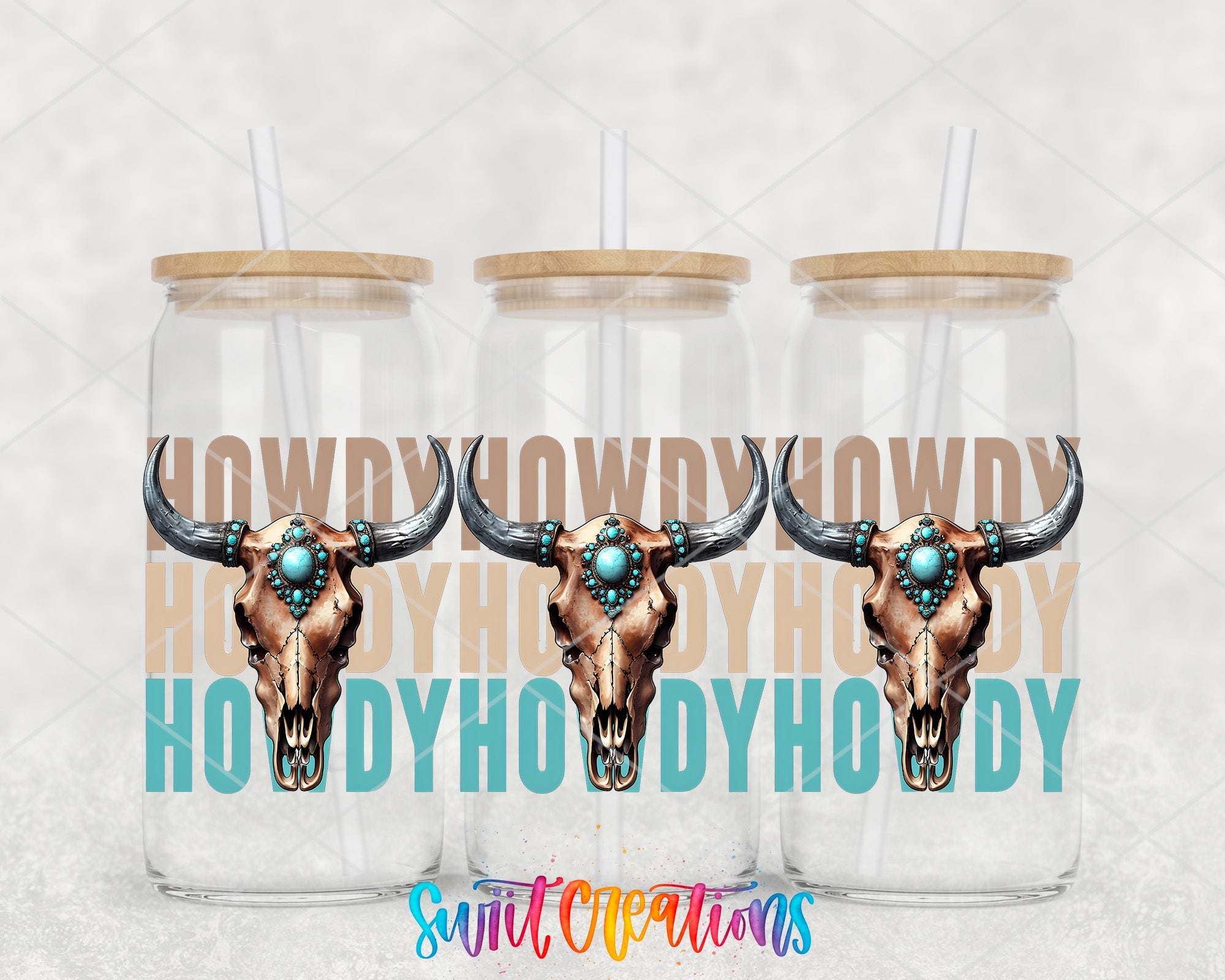 Howdy Western UV DTF Transfer Tumbler Wrap | Turquoise Bull Skull Cowgirl Tumbler Design | DTF284 - Swiit Creations