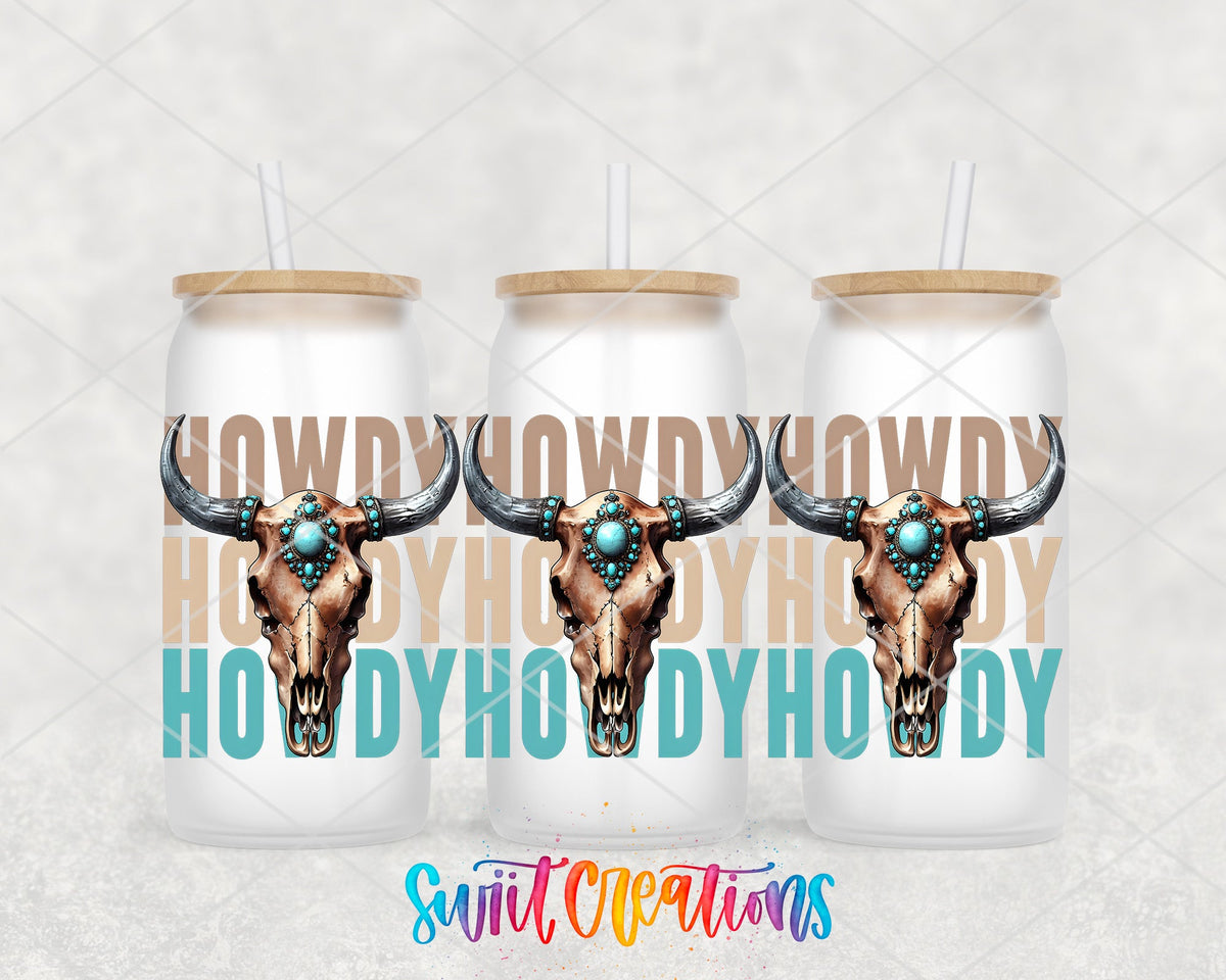 Howdy turquoise bull skulls UV DTF full wrap on three frosted glass cans
