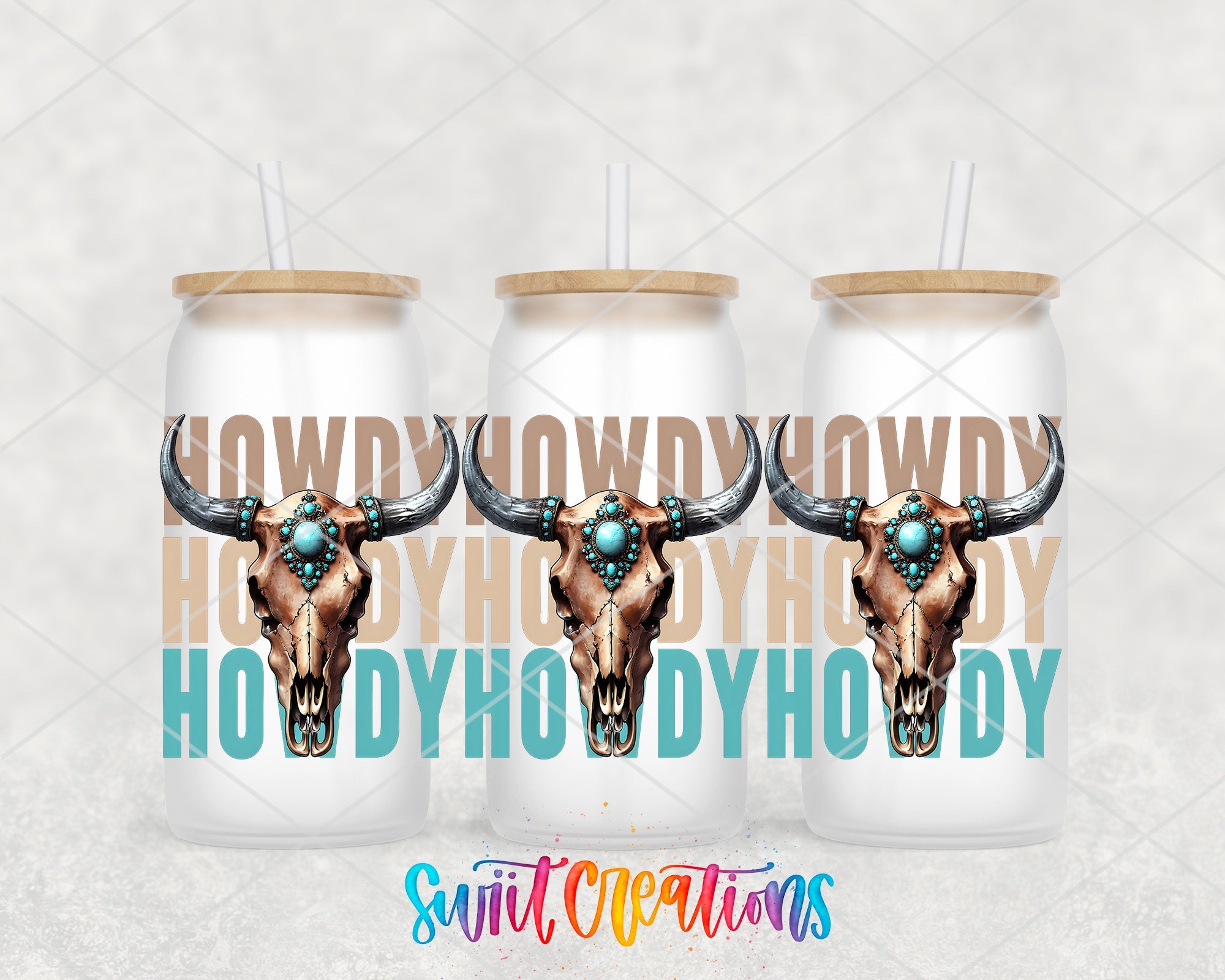 Howdy Western UV DTF Transfer Tumbler Wrap | Turquoise Bull Skull Cowgirl Tumbler Design | DTF284 - Swiit Creations
