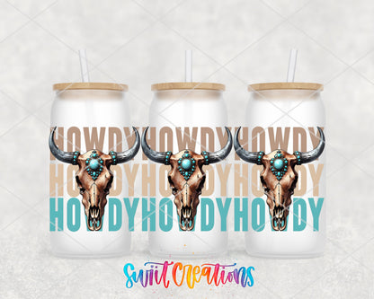 Howdy turquoise bull skulls UV DTF full wrap on three frosted glass cans
