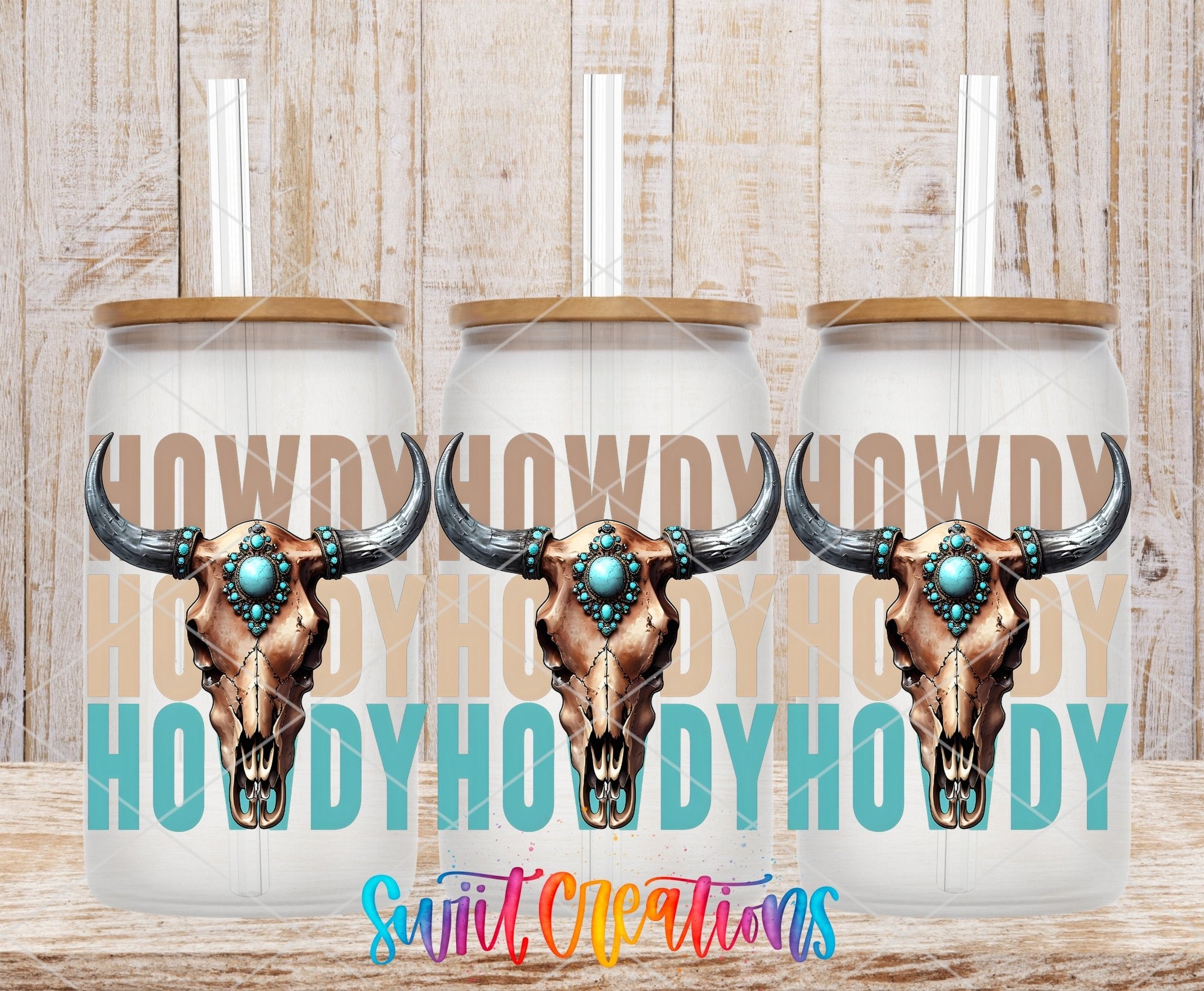 Howdy Western UV DTF Transfer Tumbler Wrap | Turquoise Bull Skull Cowgirl Tumbler Design | DTF284 - Swiit Creations