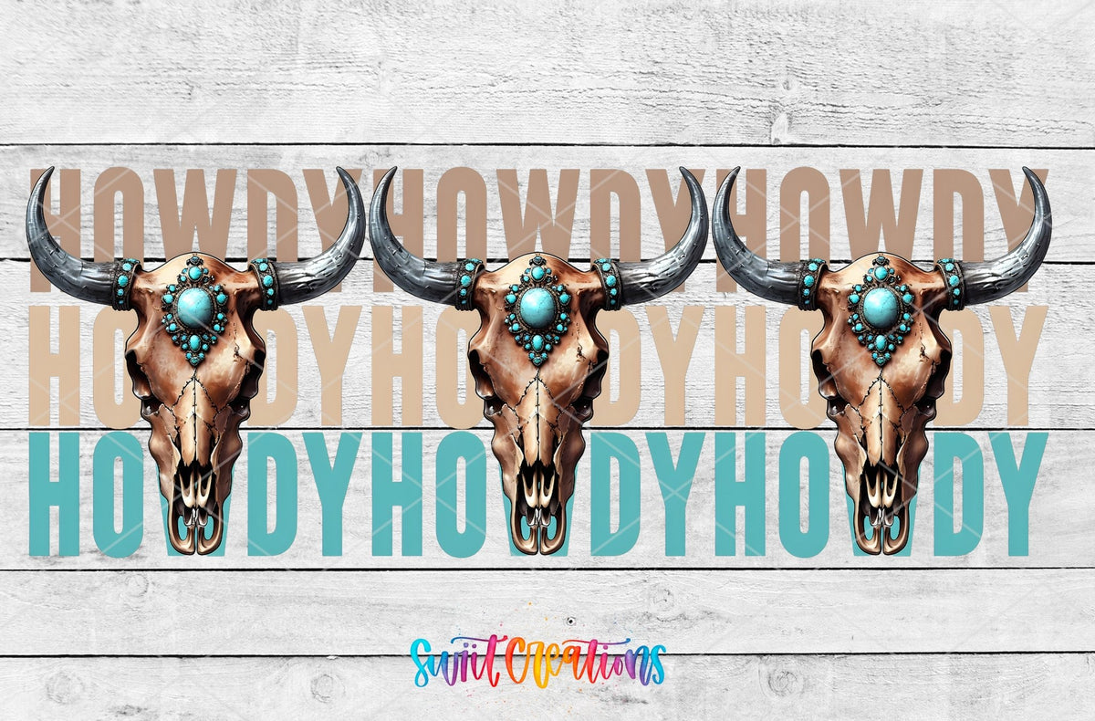 Howdy turquoise bull skulls UV DTF full wrap artwork on a white wood background
