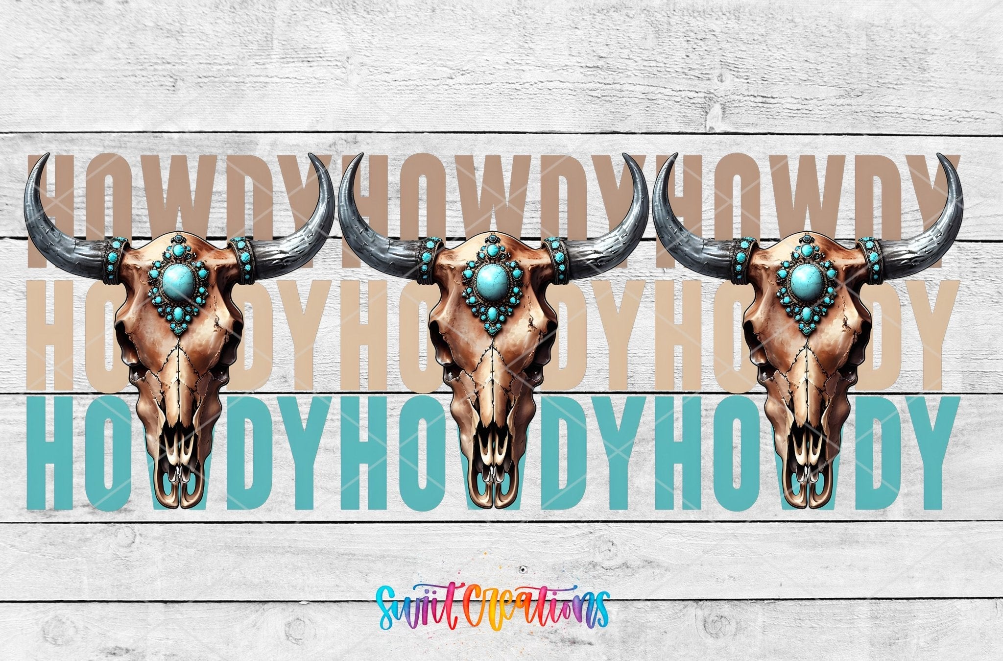 Howdy Western UV DTF Transfer Tumbler Wrap | Turquoise Bull Skull Cowgirl Tumbler Design | DTF284 - Swiit Creations
