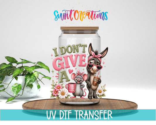 I Don't Give A Rat's Ass Donkey Mouse UV DTF transfer displayed on a clear jar mockup from Swiit Creations