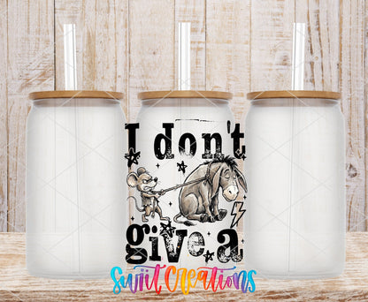 I Don't Give a Rat's A*s UV DTF transfer on frosted glass cans with bamboo lids