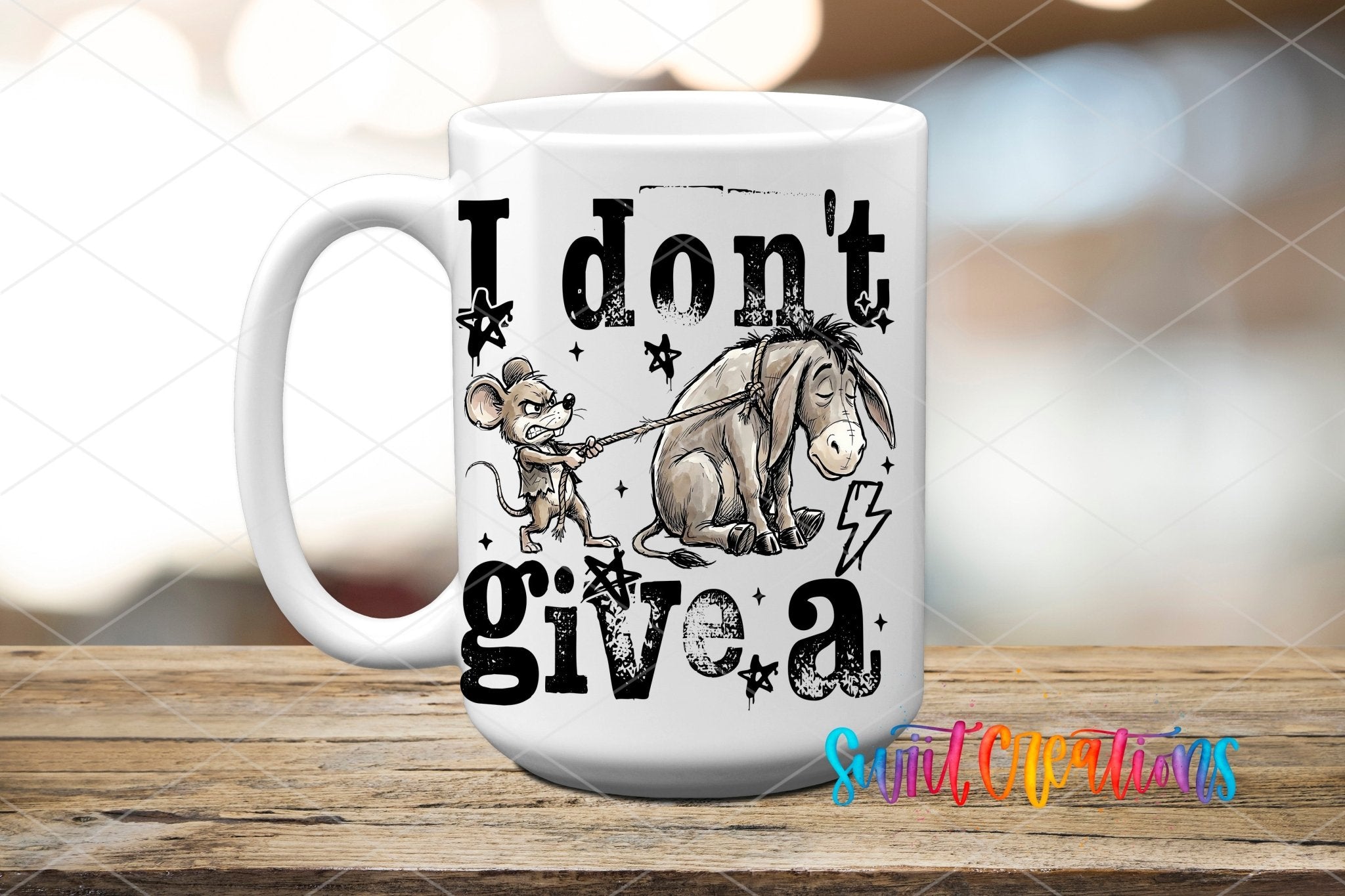 I Don’t Give A Rat’s Ass UV DTF transfer displayed on a white ceramic mug from Swiit Creations