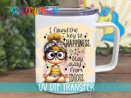 I Found the Key to Happiness UV DTF transfer on a white stainless steel mug with a lid