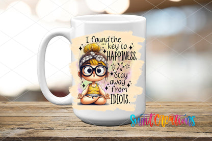 I Found the Key to Happiness UV DTF transfer on a white ceramic coffee mug