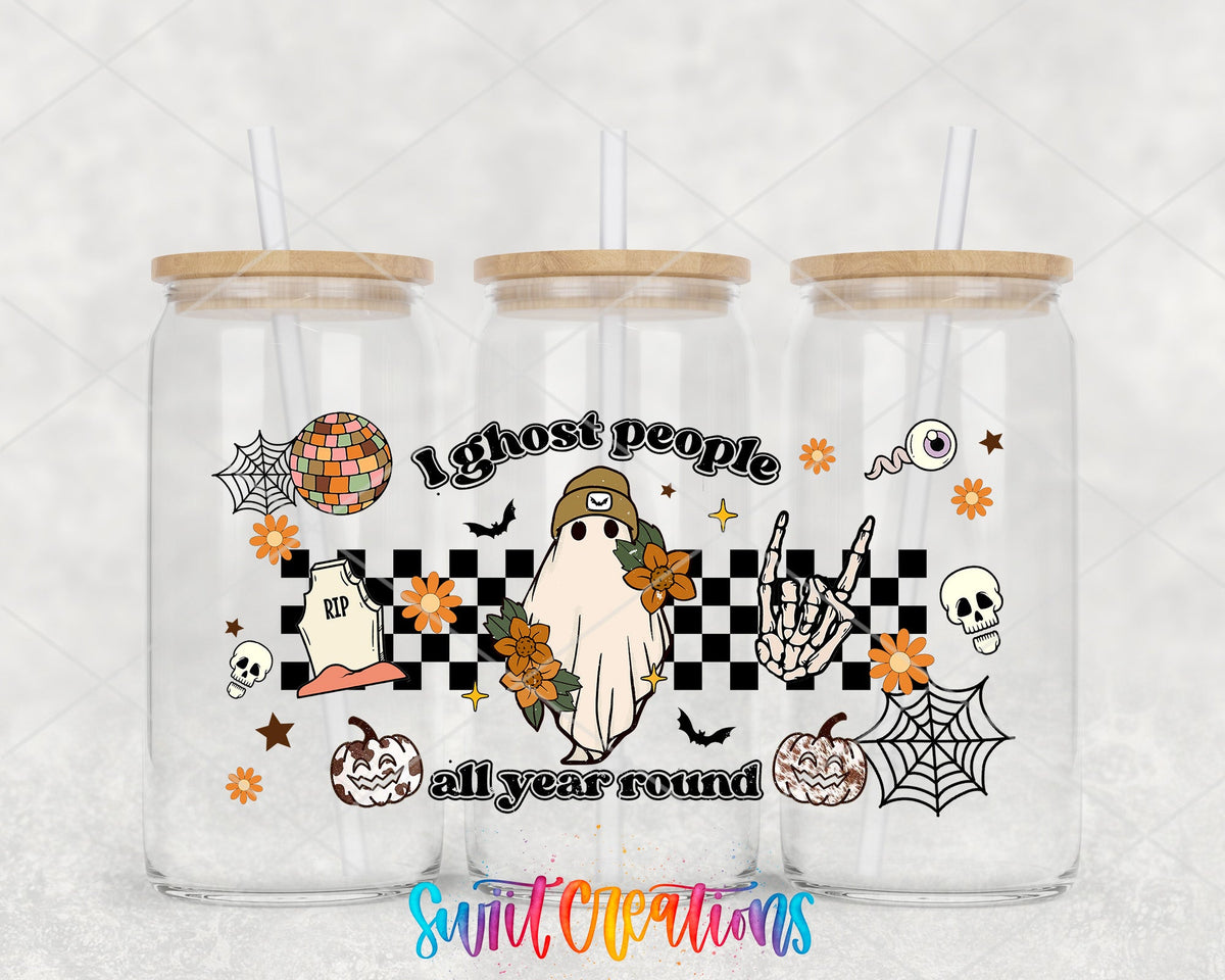 I Ghost People All Year Round UV DTF wrap on three glass cans